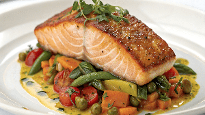 Salmão grelhado com legumes e molho de limão e ervas (Imagem: exploreshot | Shutterstock)