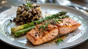 Salmão grelhado com arroz selvagem e aspargos (Imagem: Food is Love | Shutterstock)