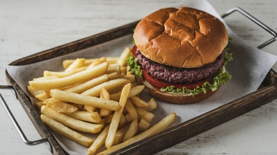 Apesar de associados a uma alimentação pouco saudável, o hambúrguer e a batata frita podem fazer parte da dieta (Imagem: sofeiganita | Shutterstock)