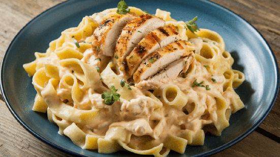 Macarrão ao molho branco com filé de frango grelhado (Imagem: Sham Clicks | Shutterstock)