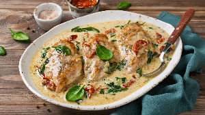 Filé de frango cremoso com espinafre e tomate (Imagem: vkuslandia | Shutterstock)