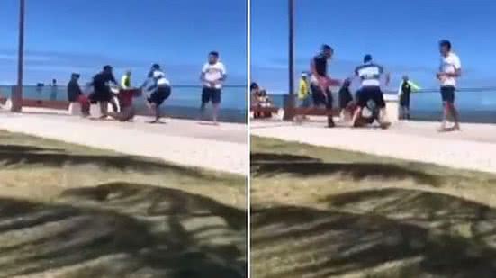 Três homens agredirem, rasgaram e roubaram camisa de torcedor no Marco dos Corais | Reprodução / TV Pajuçara