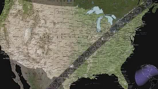 Mapa por onde será observar o eclipse solar | Reprodução / NASA