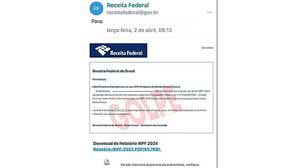 Imagem de email usado por golpistas para tentar roubar dados de contribuintes | Divulgação / Receita Federal