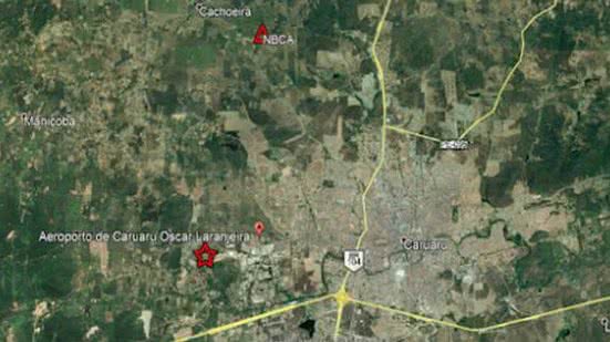 Mapa de localização epicentral. O epicentro está representado pela estrela vermelha. O triângulo vermelho mostra a localização da estação de Caruaru (NBCA) | SISMOSNE/ Divulgação