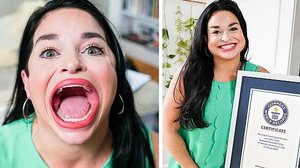 Samantha Ramsdell é a atual detentora do recorde de maior boca do mundo segundo o Guinness | Foto: Reprodução/Guinness World Records