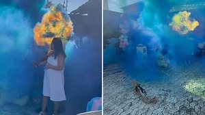 Imagem mostra momento em que artefato explode em direção ao rosto do pai no chá revelação | Reprodução / Arquivo pessoal