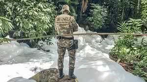 Policial observa derramamento de ácido sulfônico na estrada SC301, em Joinville. Foto: Polícia Militar Ambiental de SC/Divulgação