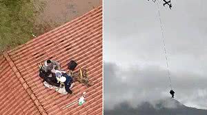 Mulher e bebê são resgatados de telhado por helicóptero da PRF-RS, em Roca Sales | Reprodução/PRF