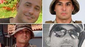 Os policiais militares Liziano José Ribeiro Júnior (lado esquecerdo de cima), Diego Silva de Freitas (lado direito de cima), Gleidson Rosalen Abib (lado esquerdo debaixo) e Anderson Kimberly Dourado de Queiroz (lado direito debaixo) | Reprodução/Redes Soc…