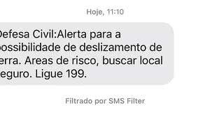 Mensagem de SMS disparada pela Defesa Civil de Maceió após chuvas neste domingo | TNH1