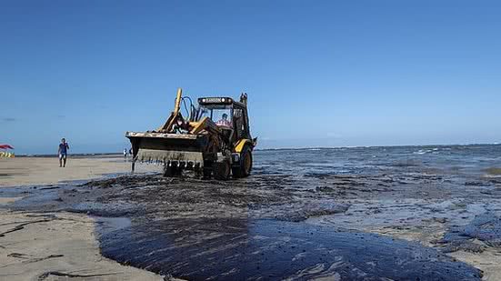 Trator é usado para retirar óleo em praia de Maragogi AL | Agência Pixel Press / Folhapress