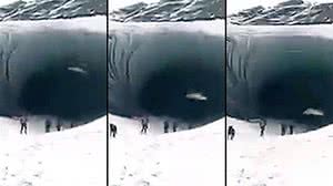 Sequência de imagens mostra quando bloco de gelo se desprende da parte superior de caverna e atinge turista brasileiro, em Ushuaia, na Argentina | Reprodução/La Nacion