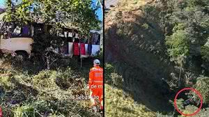 O micro-ônibus caiu em ribanceira de aproximadamente 100 metros em Minas Gerais | Divulgação / CBMMG | Reprodução / Facebook / Bruno Souza