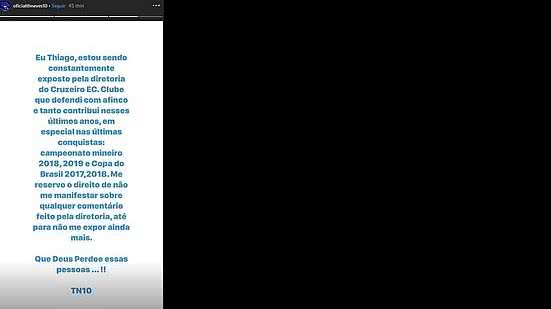 Thiago Neves desabafa sobre a diretoria do Cruzeiro pela sua conta no Instagram | Reprodução / Instagram