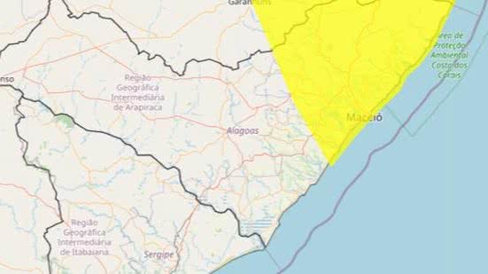 O alerta (área marcada na cor amarela) contempla cidades do Leste e Agreste alagoano | Foto: Reprodução