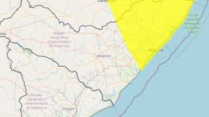 O alerta (área marcada na cor amarela) contempla cidades do Leste e Agreste alagoano | Foto: Reprodução