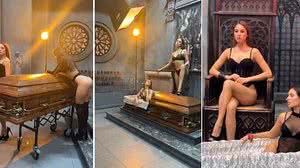 Imagem Vídeo: Funerária usa modelos de lingerie posando ao lado de caixões em campanha