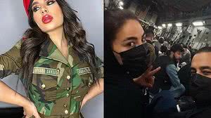 A artista publicou uma foto, ao lado do marido, dentro do avião de carga americano fazendo um sinal de vitória | Foto: Reprodução / Rede Social