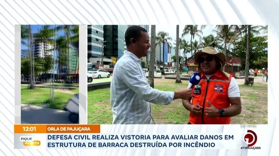 Defesa Civil realiza vistoria para avaliar danos em estrutura de barraca destruída por incêndio