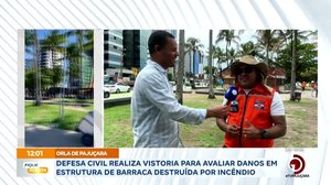 Defesa Civil realiza vistoria para avaliar danos em estrutura de barraca destruída por incêndio