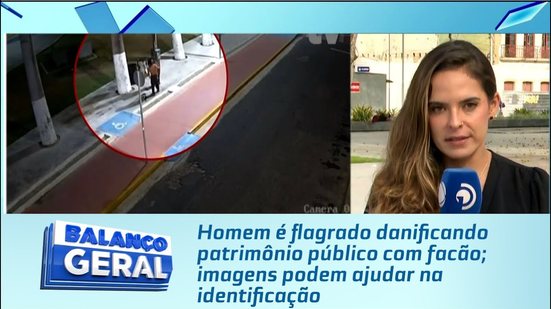 Homem é flagrado danificando patrimônio público com facão; imagens podem ajudar na identificação