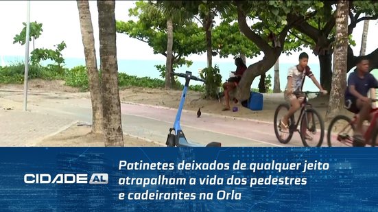 Patinetes deixados de qualquer jeito atrapalham a vida dos pedestres e cadeirantes na Orla