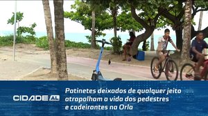 Patinetes deixados de qualquer jeito atrapalham a vida dos pedestres e cadeirantes na Orla