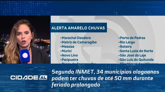 Segundo INMET, 34 municípios alagoanos podem ter chuvas de até 50 mm durante feriado prolongado