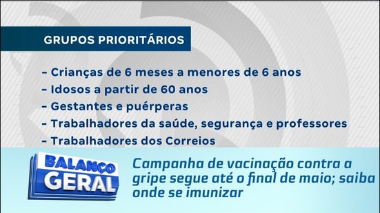 Campanha de vacinação contra a gripe segue até o final de maio; saiba onde se imunizar
