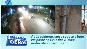 Após acidente, carro capota e bate em poste na Cruz das Almas; motorista conseguiu sair