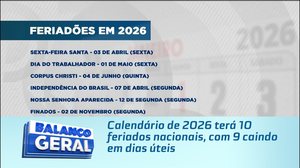 Calendário de 2026 terá 10 feriados nacionais, com 9 caindo em dias úteis