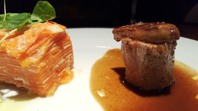 Filé carne suína, foi gras (fígado de pato) e gratin de abóbora doChef Jonatas