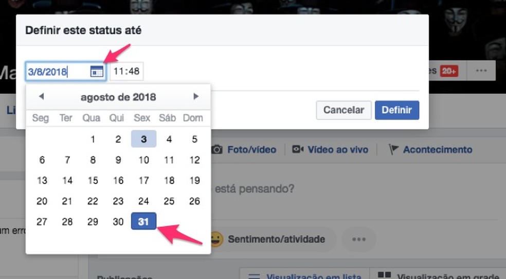 Ação para escolher uma data de expiração personalizada para uma biografia em perfil do Facebook (Foto: Reprodução/Marvin Costa)