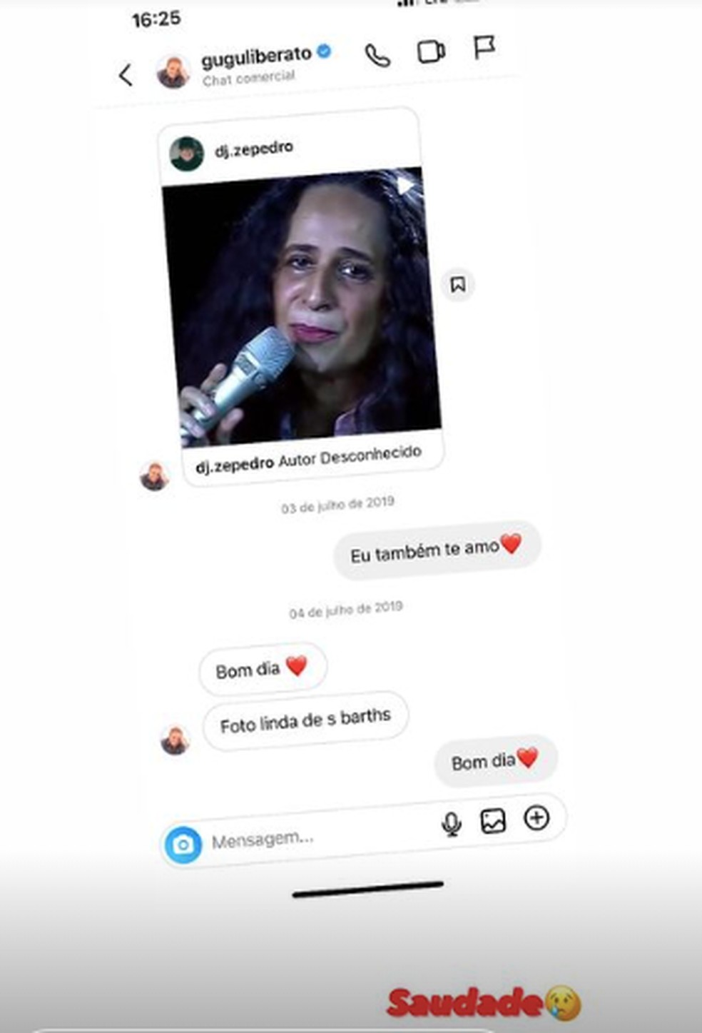 Troca de mensagens entre Thiago e Gugu — Foto: Reprodução