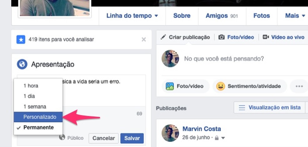 Ação para esolher um prazo personalizado para uma biografia do Facebook (Foto: Reprodução/Marvin Costa)