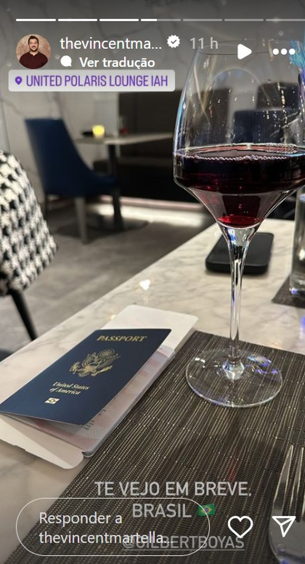 Vincent Martella postou horas antes de ir para o Brasil — Foto: Instagram