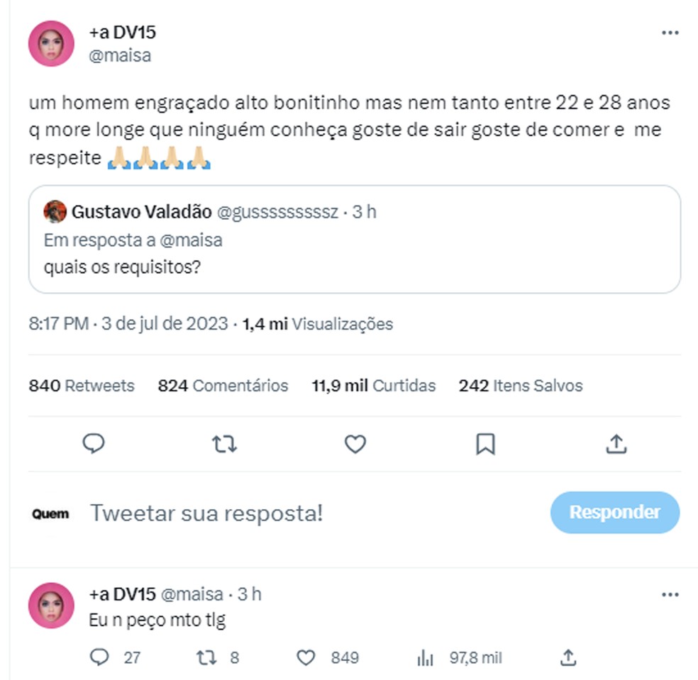 Maisa Silva entrega o que espera encontrar em um namorado — Foto: Twitter