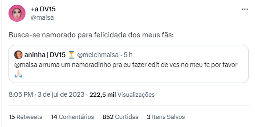 Maisa Silva posta sobre buscar um novo namorado — Foto: Twitter