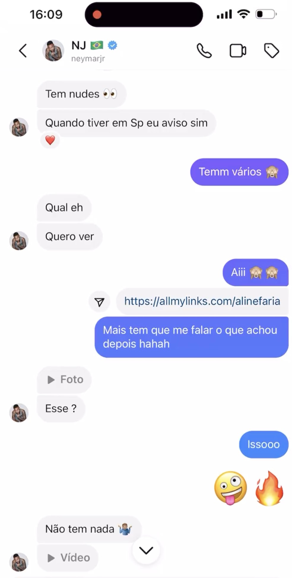 Conversa de Neymar e Aline Faria — Foto: Reprodução: Instagram