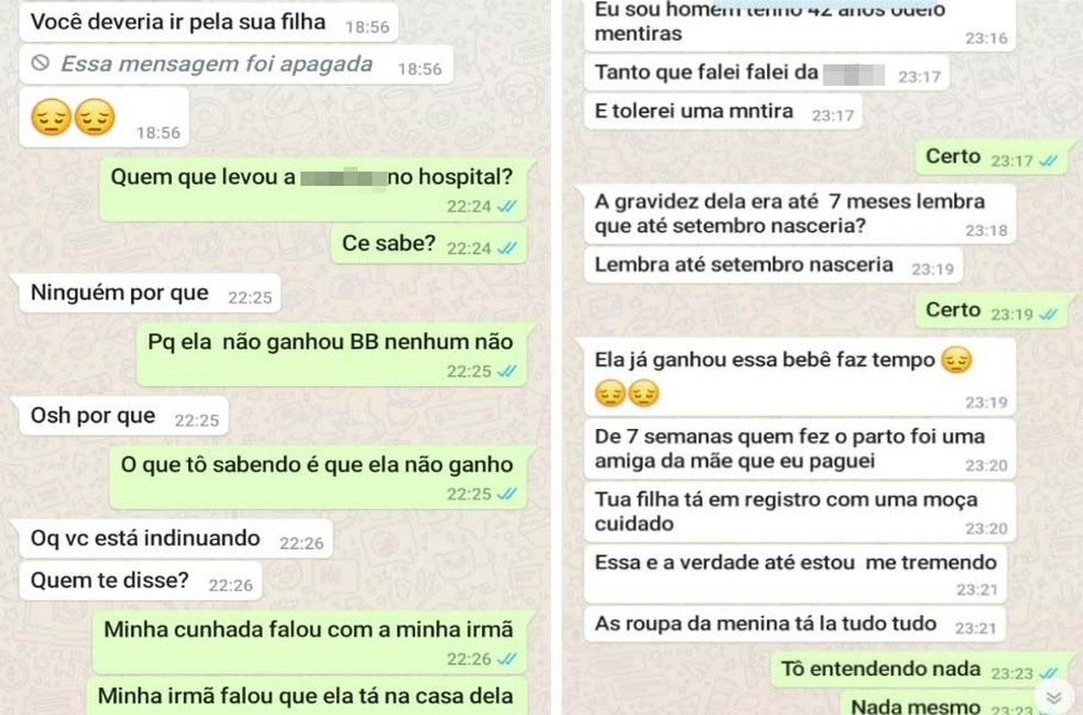 Sogro depois teria assumido por WhatsApp ao genro que estava mentindo e obrigou a filha a entregar o beb&amp;ecirc; &amp;mdash; Foto: Arquivo pessoal