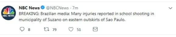 Post da rede NBC informando sobre o tiroteio