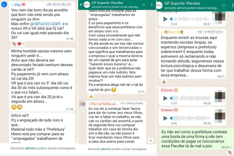 Trabalhadores de empresa terceirizada que presta serviço de limpeza para as escolas municipais de Peruíbe (SP) reclamam de atraso nos pagamentos — Foto: Arquivo Pessoal