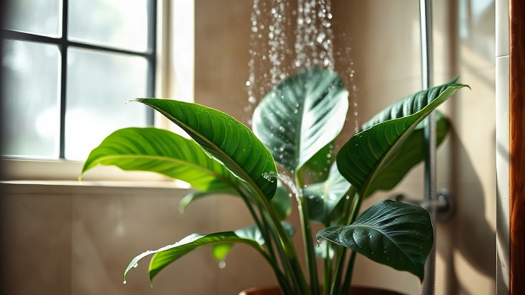 Para as grandes de piso, um banho leve no chuveiro é prático e eficaz: posicione a planta na banheira ou no box e enxágue as folhas com um jato suave de água.