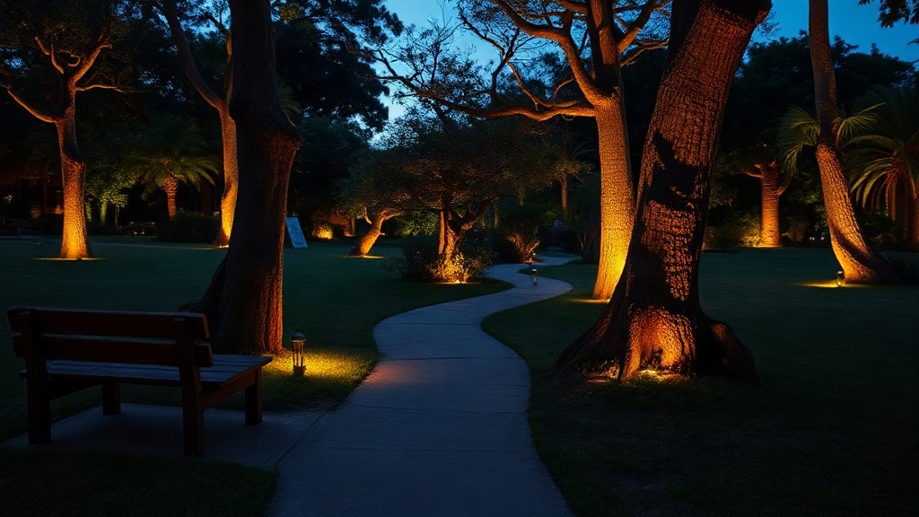 Pontos de iluminação discretos perto dos assentos, caminhos ou árvores criam atmosfera sem brilho excessivo que cansa a vista.