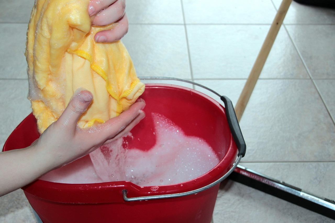 balde de limpeza, trapos de limpeza, água ensaboada, transdutor, limpar, torcer para limpar, raspador, limpar o chão