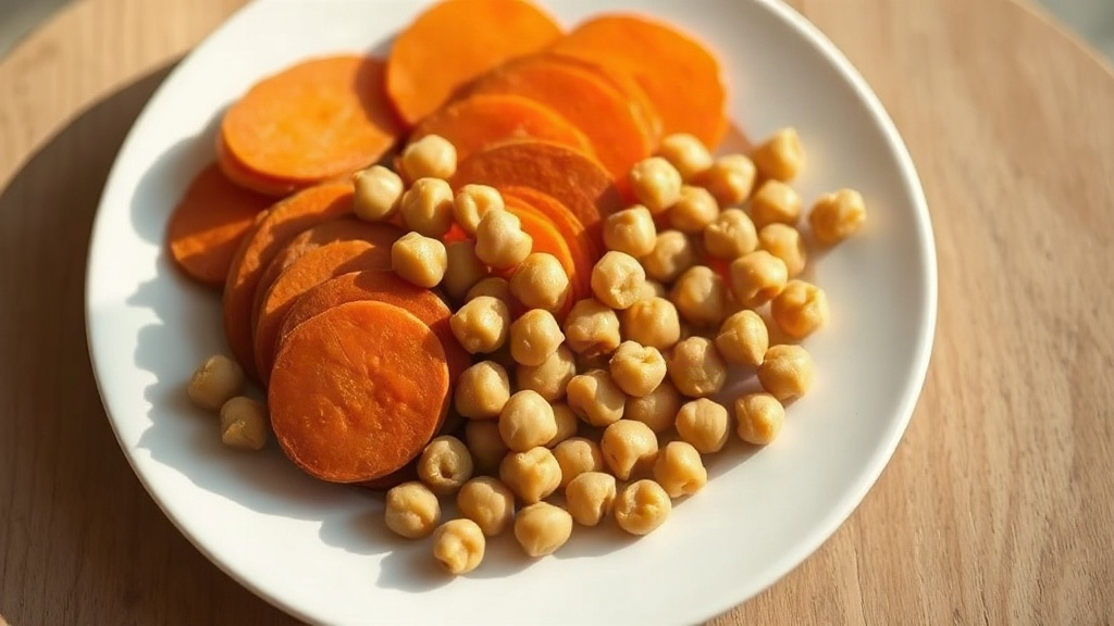 Fatias finas de batata-doce laranja e grão-de-bico