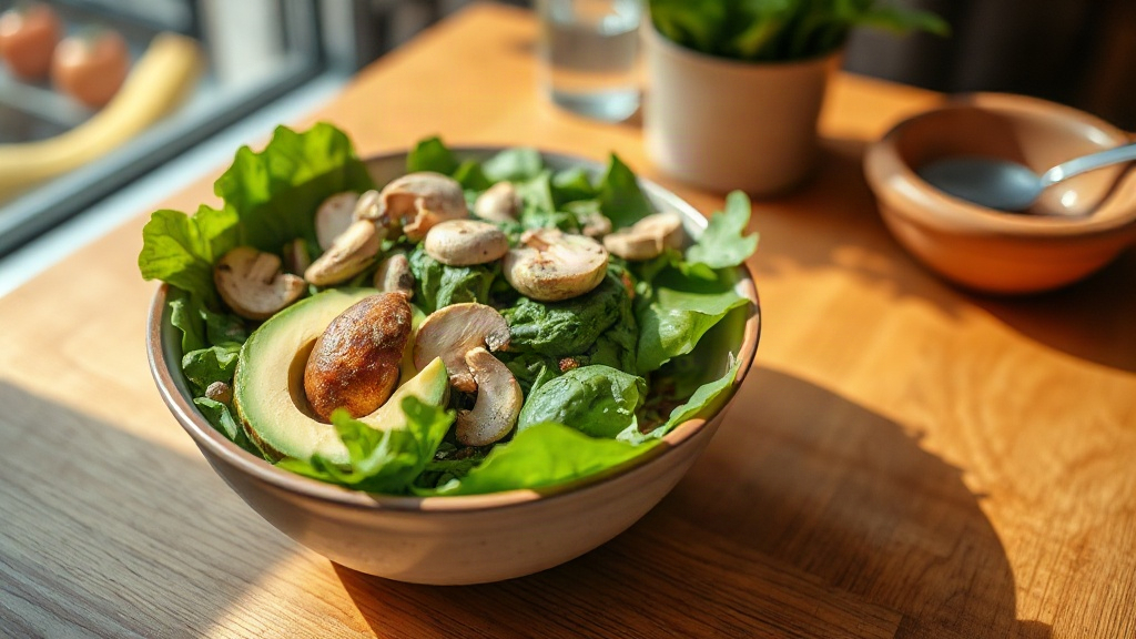 Salada proteica verde com abacate e cogumelo