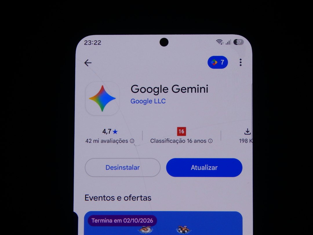 A smartphone screen displaying the Google Gemini app store page with update options