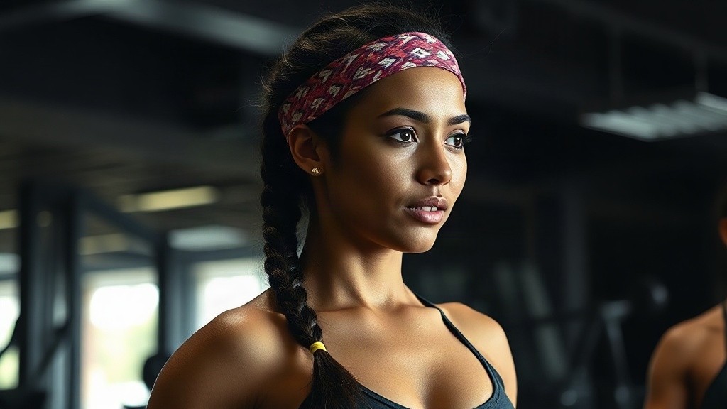 mulher na academia Dividir o cabelo em duas partes laterais com tranças A bandana na cabeça completa o penteado